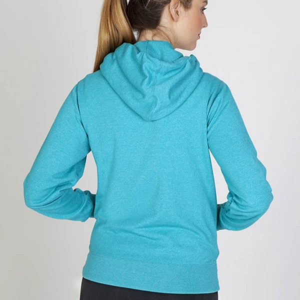 Turquoise heather lightweight hoodie shown from back with drawstring hood and long sleeves