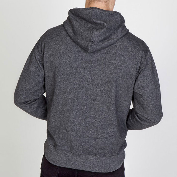 Charcoal heather hoodie shown from back with hood up, lightweight fabric with smooth decoration surface