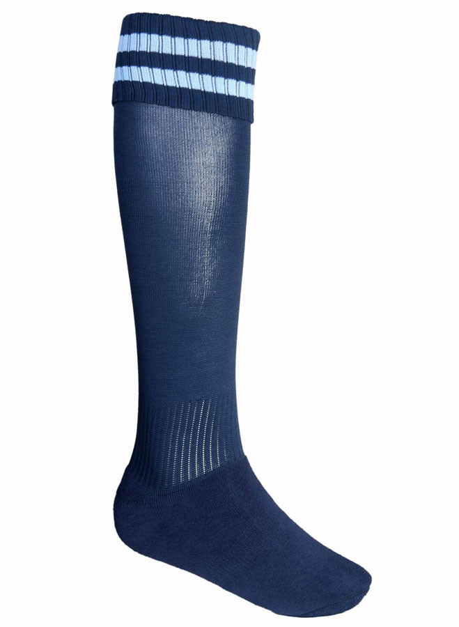 Navy knee-high sports sock with sky blue triple stripe detail at cuff and ribbed construction