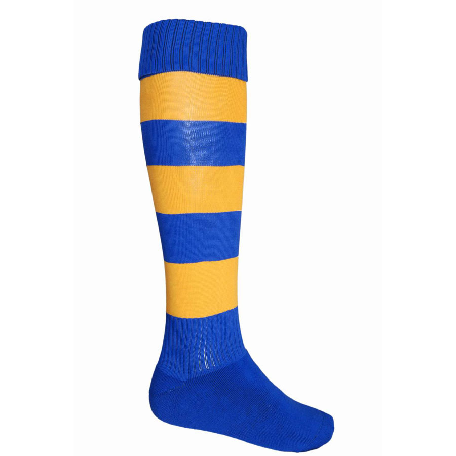 Royal blue sport sock with gold horizontal hoops and ribbed cuff