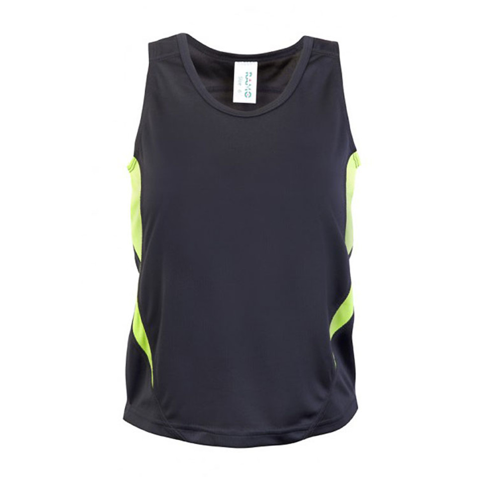 childrens contrast sports singlets | charcoal+lime