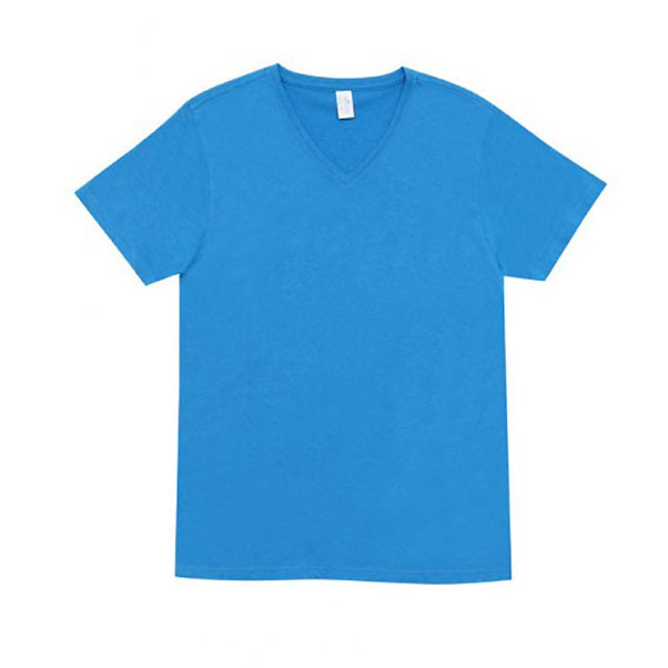 Bright blue v-neck t-shirt with short sleeves and clean flat front panel for decoration