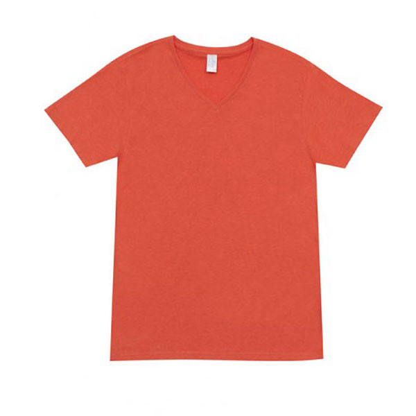 Coral marl short sleeve v-neck t-shirt flat lay, smooth front panel, ribbed neckline