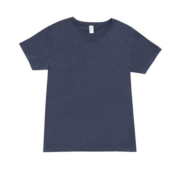 Navy marl men's v-neck t-shirt flat lay with short sleeves and smooth front chest panel