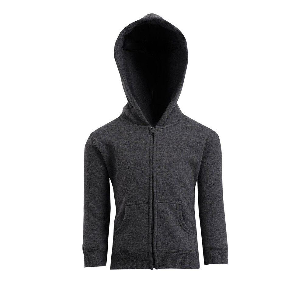 Charcoal marle kids zip-through hoodie with front pockets and ribbed cuffs, flat lay packshot