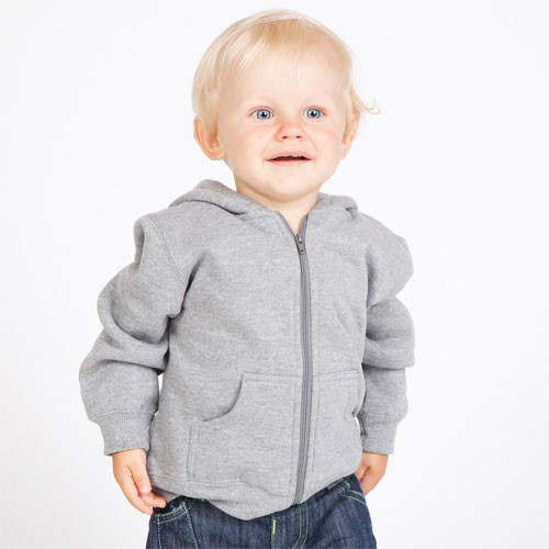 Grey marle zip-up hoodie with kangaroo pocket and ribbed cuffs worn by toddler