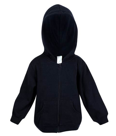 Navy kids zip-up hoodie with kangaroo pockets and ribbed cuffs on white background