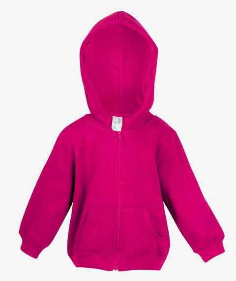 Hot pink kids zip-through hoodie with front pockets and ribbed cuffs, flat lay packshot
