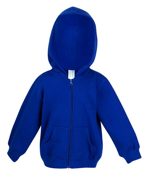 Royal blue kids zip-up hoodie with kangaroo pockets and white contrast inner hood lining