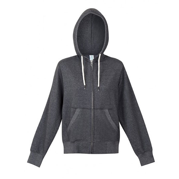 Charcoal heather ladies zip-up hoodie with white drawcords and front kangaroo pocket