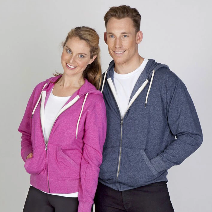 Magenta heather zip-up hoodie with contrast white drawcords and front kangaroo pocket, worn by woman alongside navy heather version