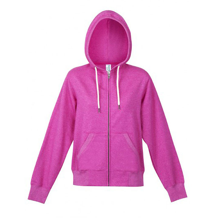 Heather hot pink ladies zip hoodie with white drawstrings and kangaroo pocket