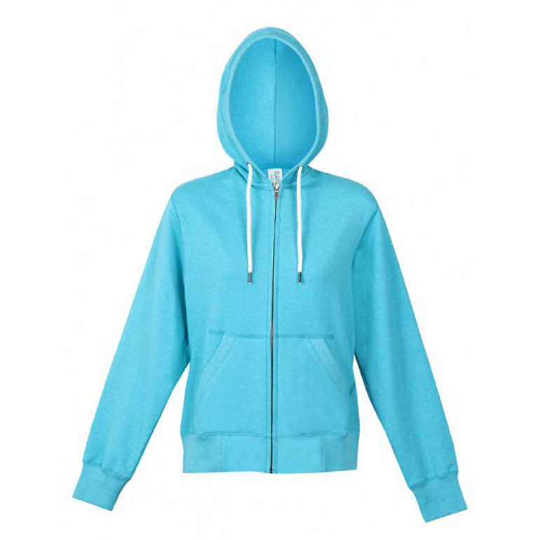 Heather turquoise ladies zip-through hoodie with white drawcords, front kangaroo pocket and ribbed cuffs