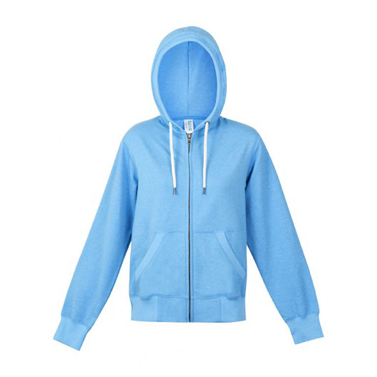 Sky blue heather ladies zip hoodie with drawstring hood, front kangaroo pockets and ribbed cuffs