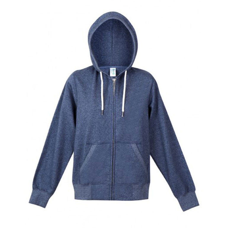 Heather navy ladies full-zip hoodie with drawstring hood, front pockets and ribbed cuffs — flat lay packshot