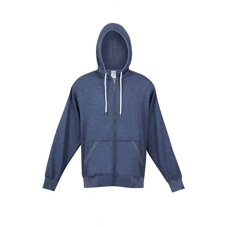 Heather navy zip-up hoodie with white drawstrings and front kangaroo pockets