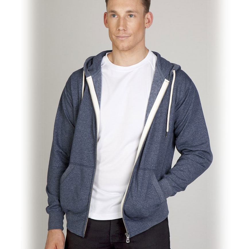 Heather navy zip-up hoodie with contrast white drawstrings and front kangaroo pocket worn open over white tee