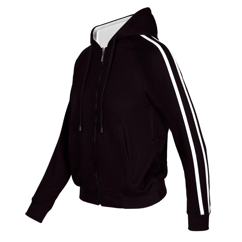 Black zip-up hoodie with grey hood lining and white twin stripes down the sleeves