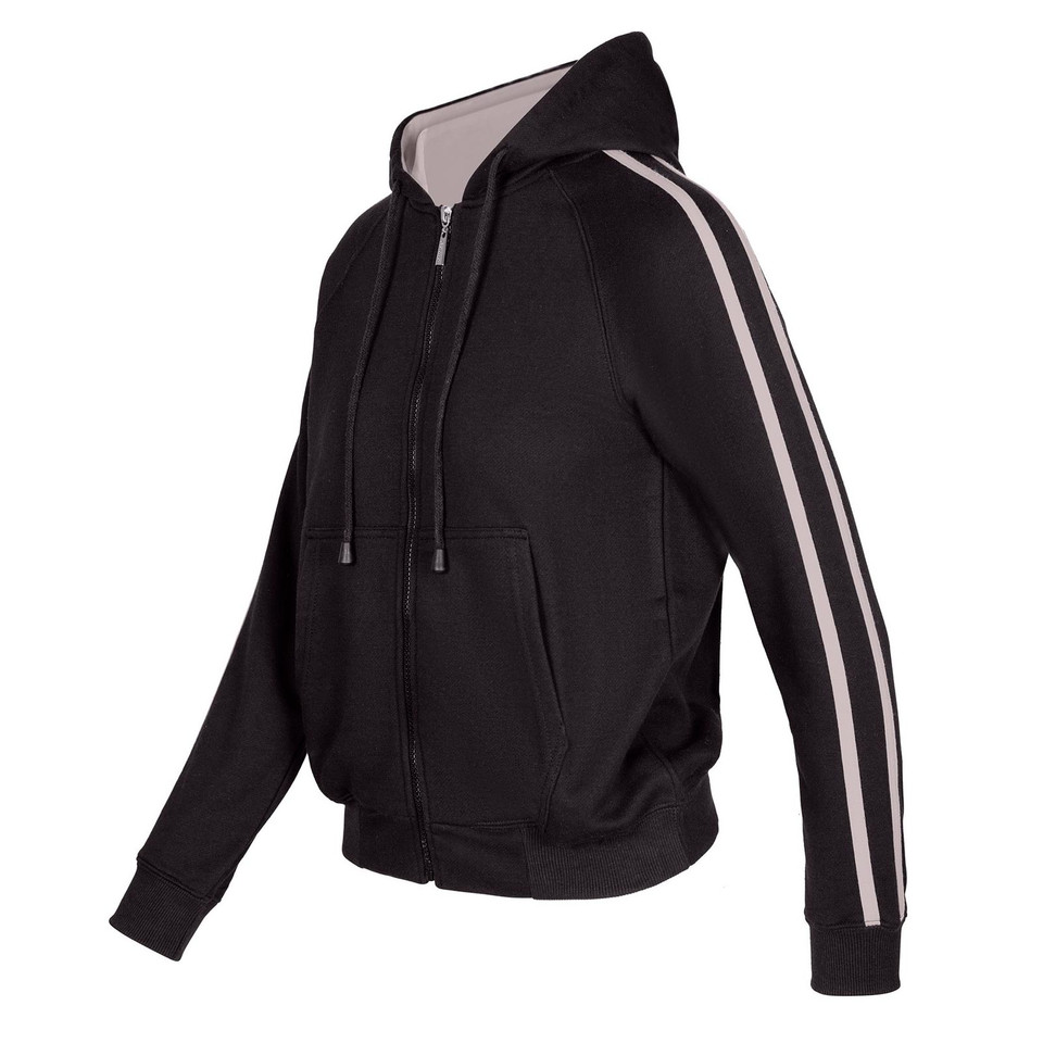 Black zip-up hoodie with contrast grey hood lining and white twin stripes along sleeves