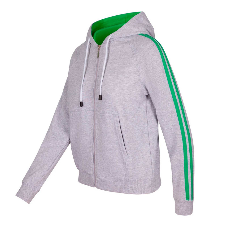 Grey marle zip-up hoodie with bright green contrast hood lining and twin sleeve stripes