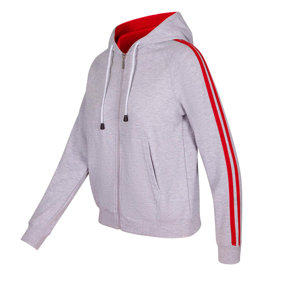 Grey Marl+Red | Bulk Buy Womens Zip Hoodie Jacket | Twin-Stripe