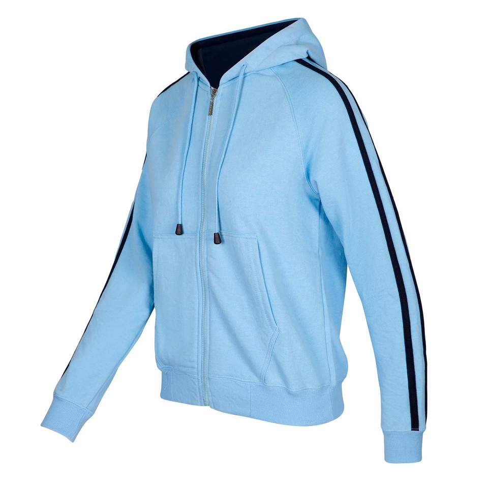 Sky blue zip-up hoodie with navy contrast lining and twin shoulder-to-cuff stripes