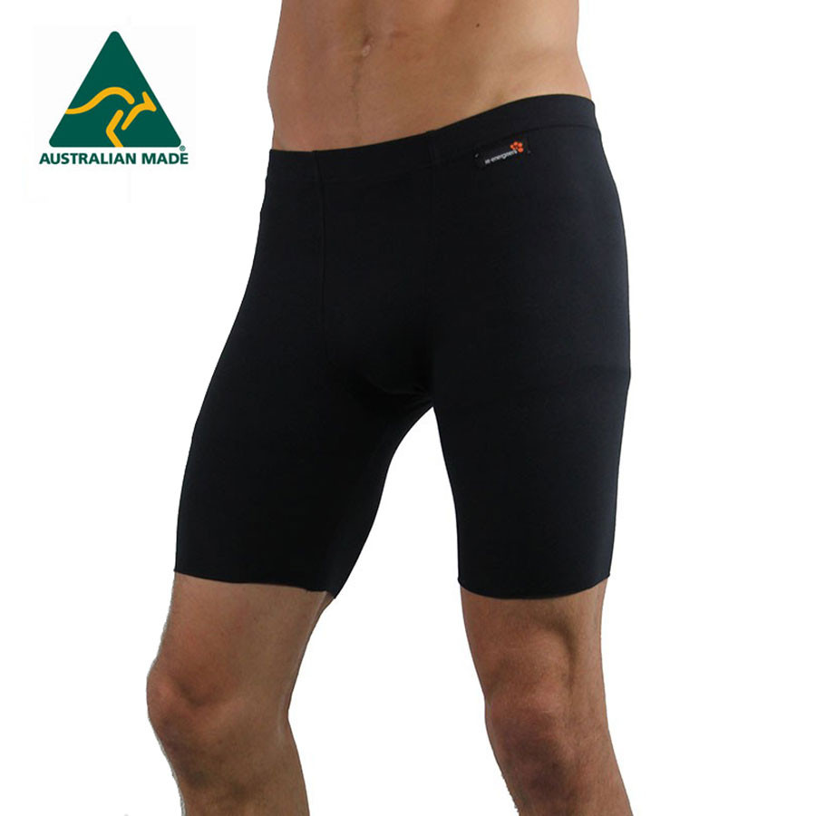 Black compression shorts with flat-lock seams and small red logo detail on hip