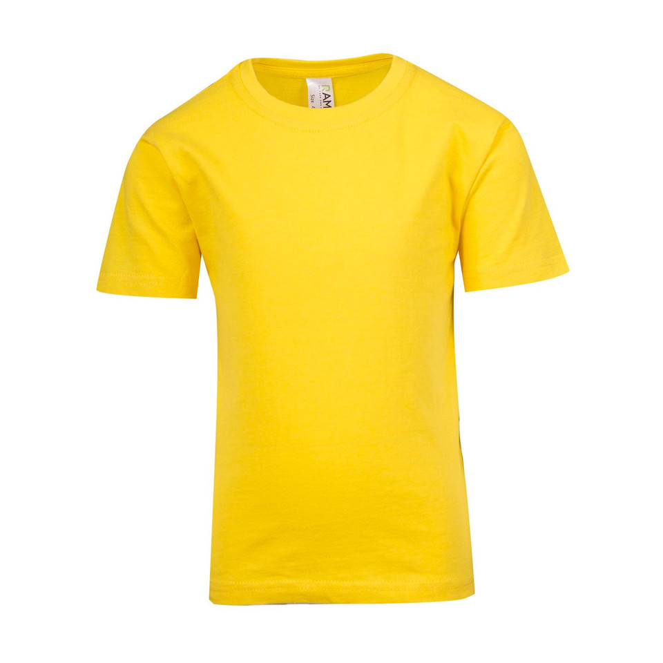 Bright yellow kids t-shirt with crew neck and short sleeves showing smooth front panel