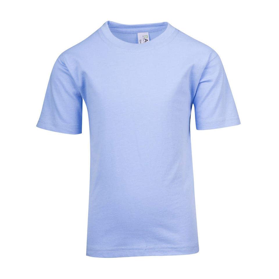 Light blue crew neck t-shirt with short sleeves and smooth flat front panel