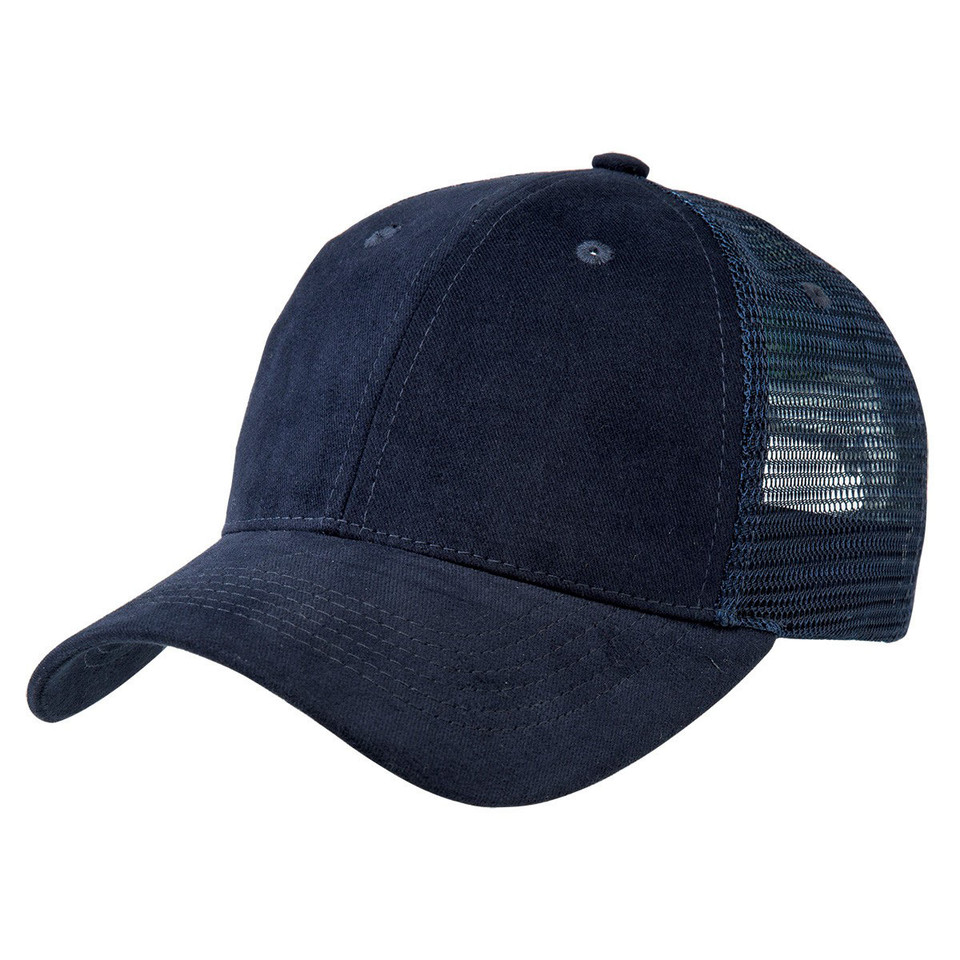 Navy trucker cap with suede-look front panels and mesh back in matching navy colour