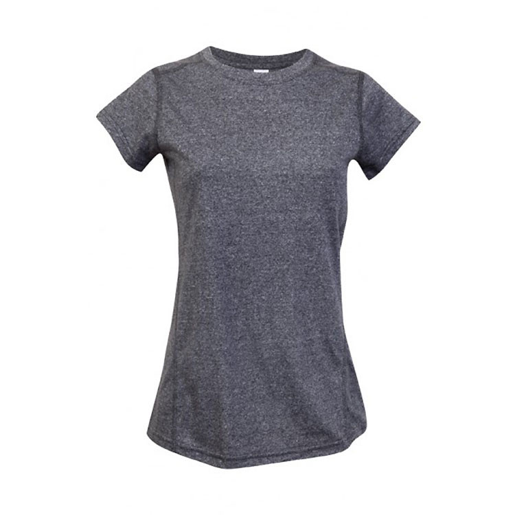 Ladies fitted heather charcoal crew neck tee with short sleeves and curved hem, flat lay packshot