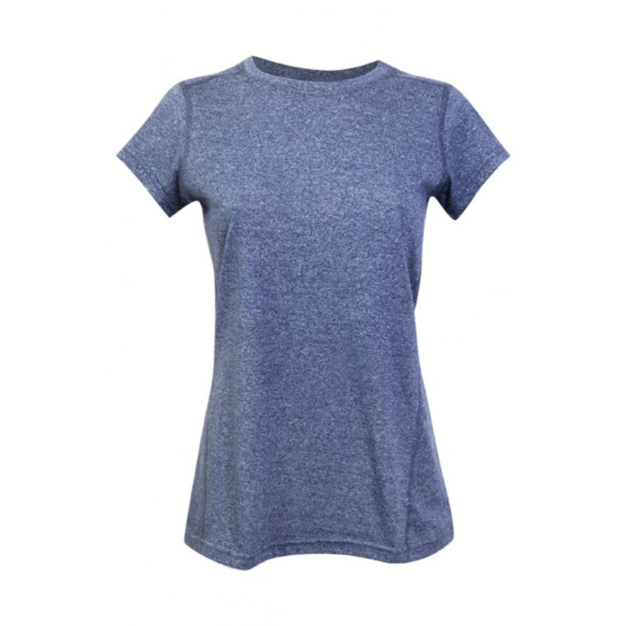 Women's heather navy blue crew neck short sleeve tee, fitted silhouette, flat lay packshot