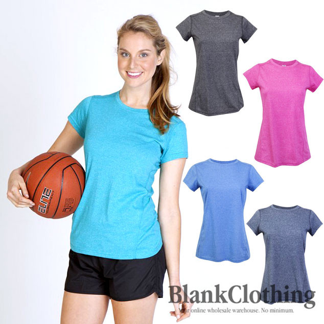 Women's heather marle crew neck tee in turquoise, charcoal, magenta, cornflower blue and navy, shown on model holding basketball