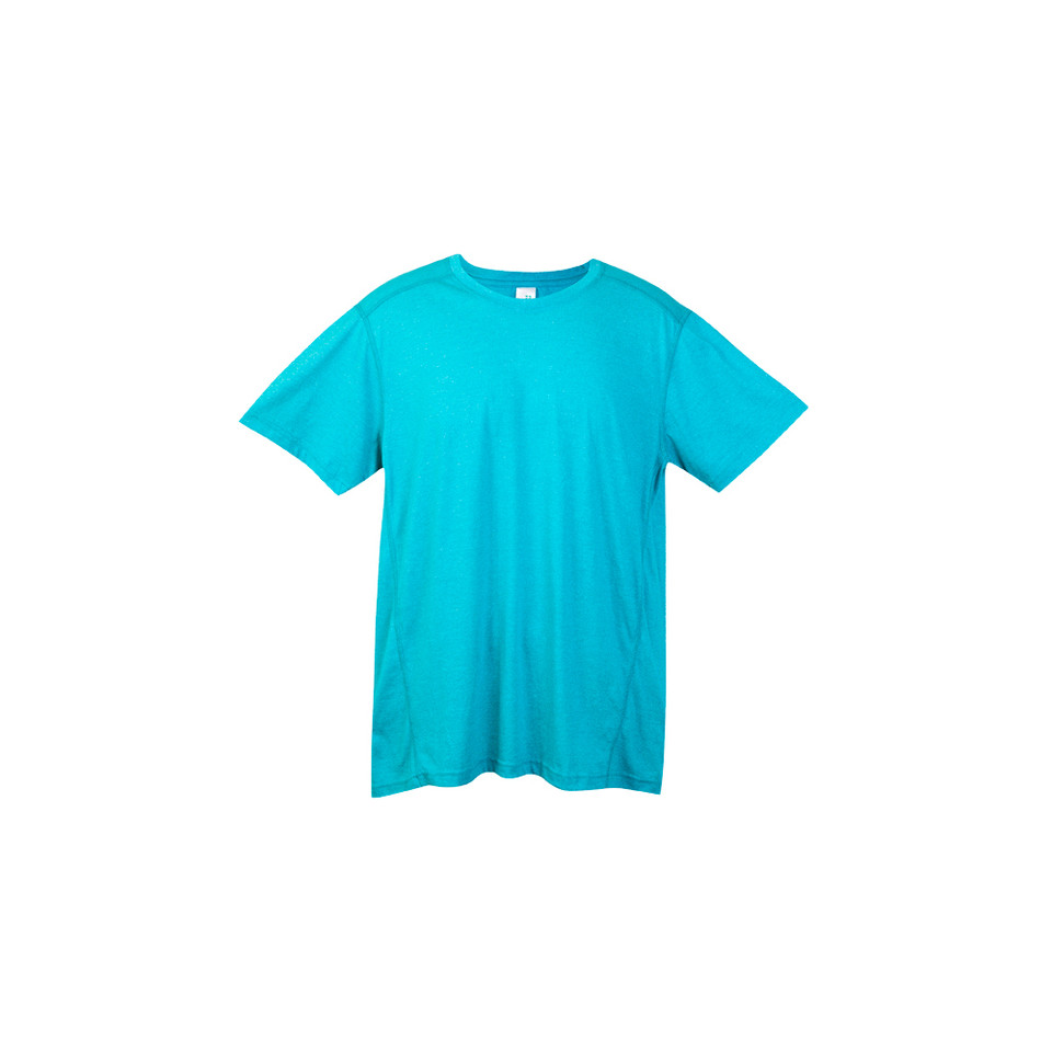 Turquoise heather crew neck tee with short sleeves and smooth flat front panel