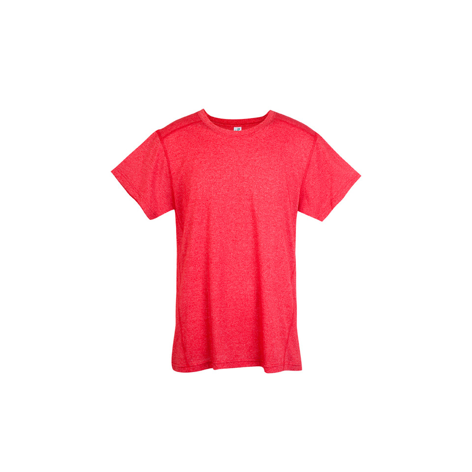 Men's heather red crew neck t-shirt with short sleeves and textured marle fabric, flat lay