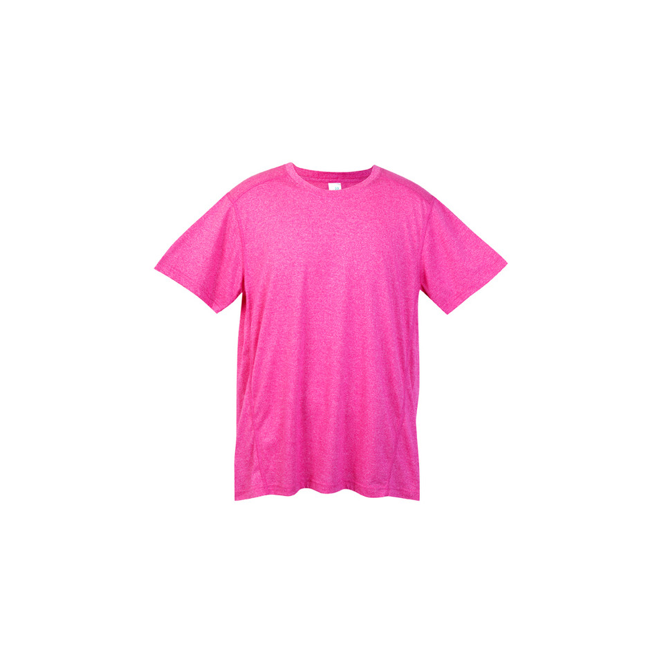 Men's heather fuchsia pink crew neck short sleeve tee, flat lay packshot with smooth front panel