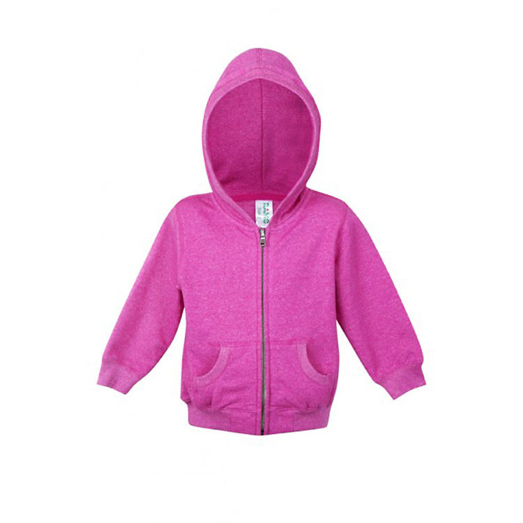 Children's hot pink heather zip-through hoodie with front pockets and ribbed cuffs, flat lay