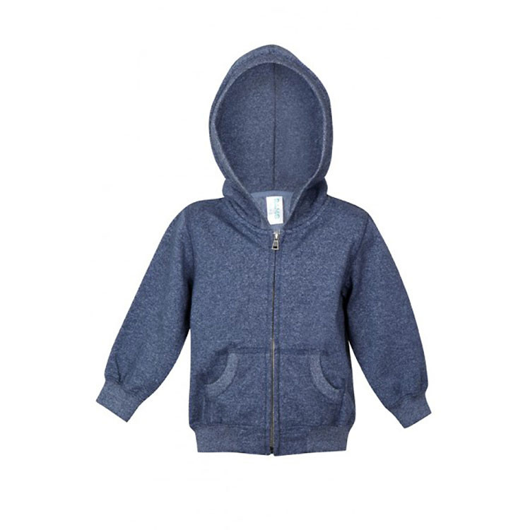 Kids denim marle zip-through hoodie with front kangaroo pockets and ribbed cuffs, flat lay