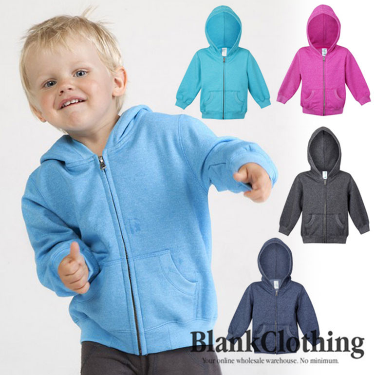 Child wearing light blue zip-up hoodie with hood and kangaroo pocket, shown with aqua, magenta, charcoal and navy heather colour options