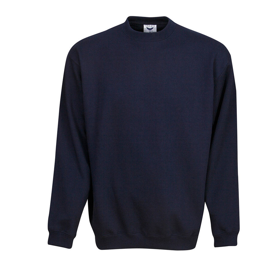 Navy crew neck fleece sweatshirt with ribbed cuffs and hem on white background