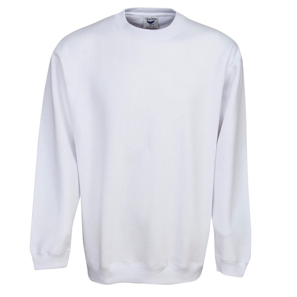White fleece crewneck sweatshirt with ribbed cuffs and hem, plus size fit