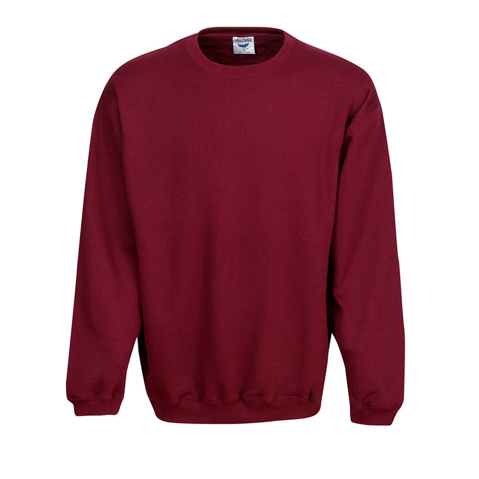 Maroon crew neck fleece sweatshirt with ribbed cuffs and hem on plain background