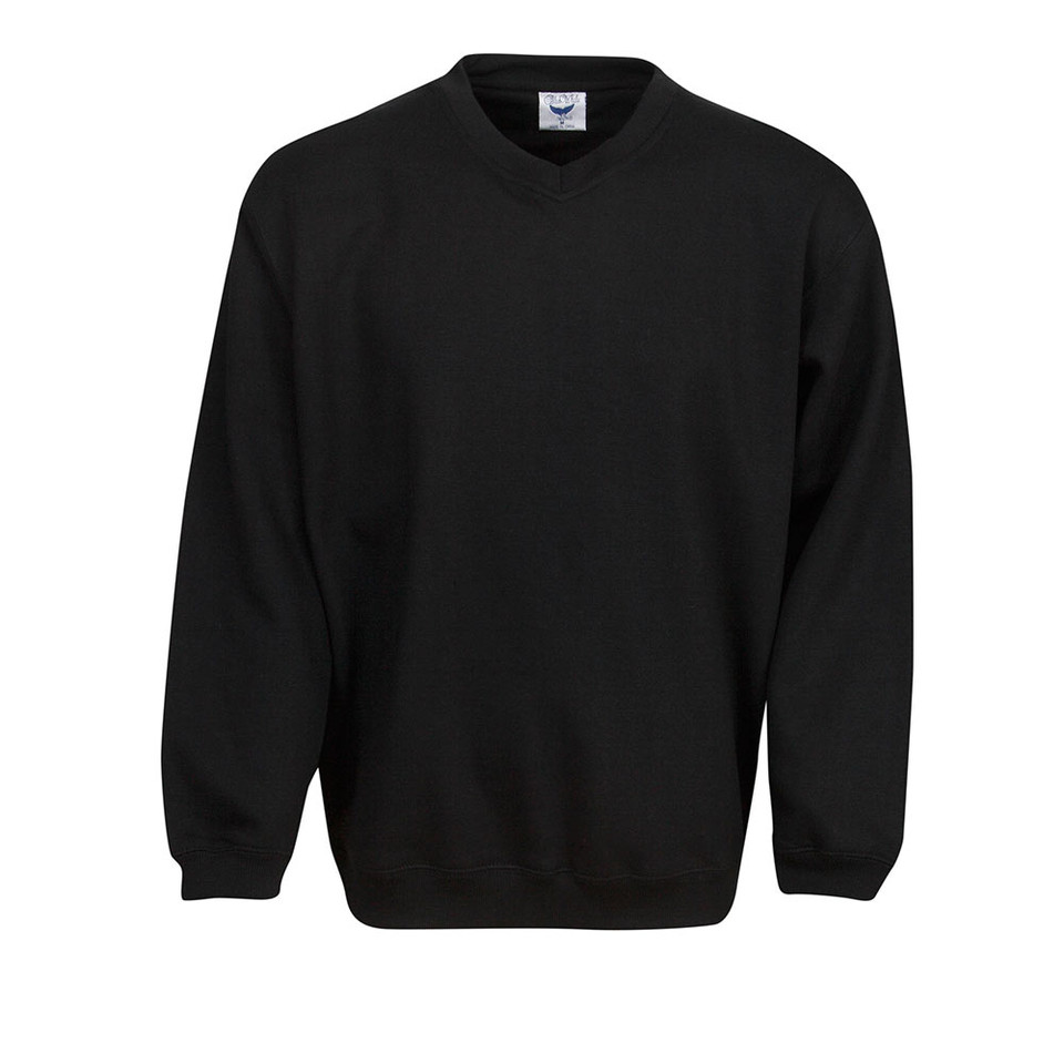 Black fleece crew neck sweatshirt with ribbed cuffs and hem on white background