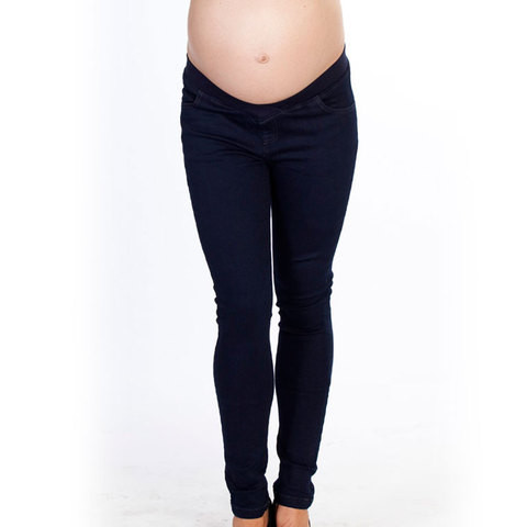 Navy maternity leggings with under-bump waistband and slim fit design