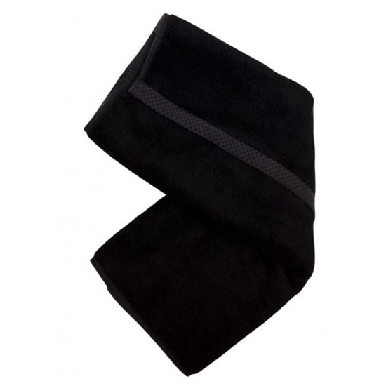 Black bamboo hand towel with charcoal grey textured stripe detail near border