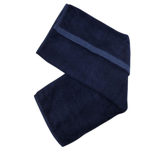 Navy blue bamboo hand towel with textured border trim detail