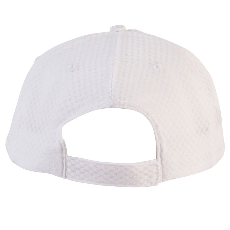 White athletic mesh baseball cap rear view showing textured panels and adjustable snap closure
