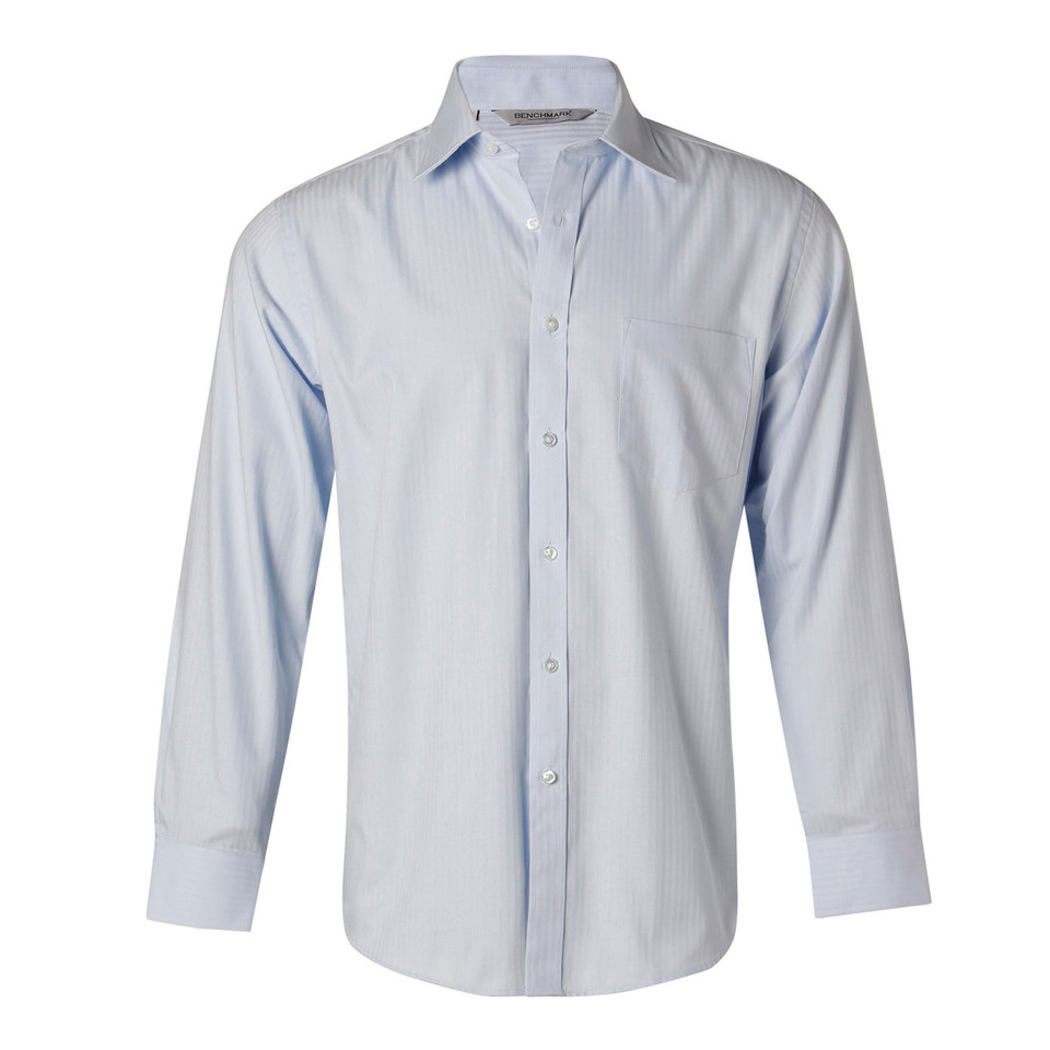 Men's pale blue cotton Oxford long sleeve shirt with button front, chest pocket and barrel cuffs