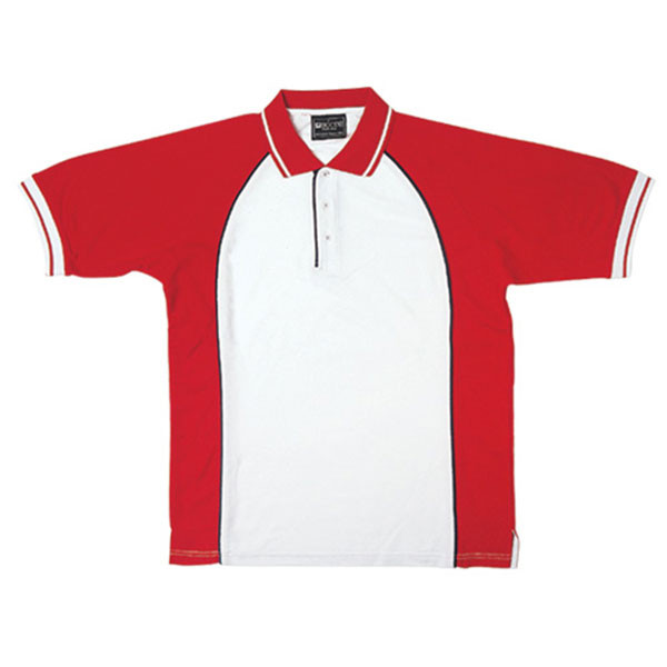 White polo shirt with red raglan sleeves and red collar featuring white contrast tipping