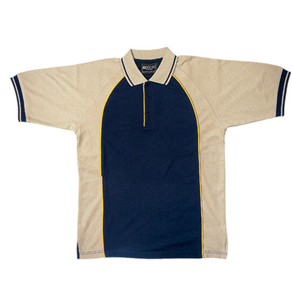 Navy polo with sand raglan sleeves, yellow piping trim and contrast collar with navy sleeve striping